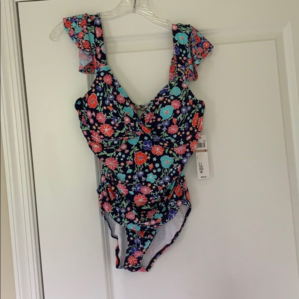 Floral one piece suit with flutter sleeve straps